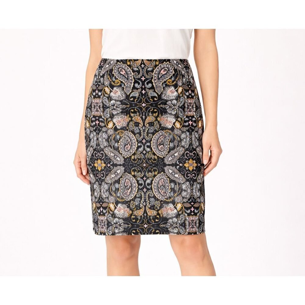 Ann Taylor Loft Black Yellow Paisley Print Cotton Pique Pencil Skirt - 2 Petite